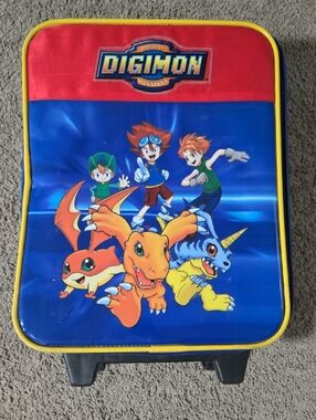 Vintage Digimon Rolling Backpack Suitcase Carry-On – Agumon & Gabumon Anime Bag